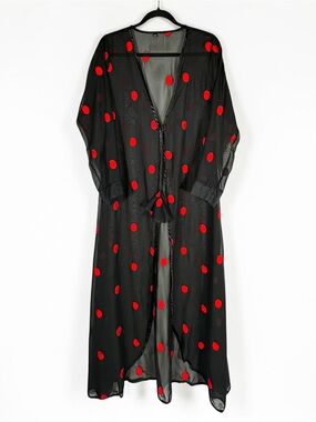 Black with Red Polka Dots Mesh Maxi Kimono Duster Robe Bell Fabric Ties Medium